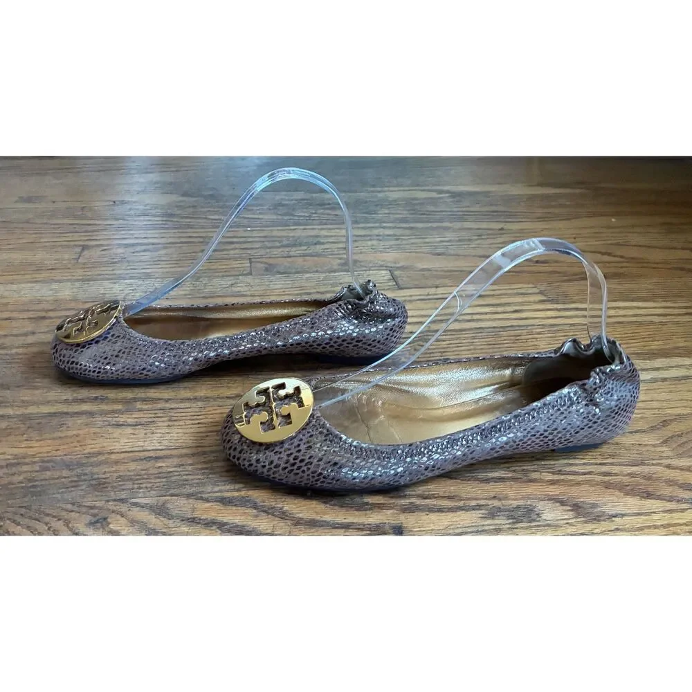 Tory Burch Reva Snake Tan Gray Gold Logo Leather Ballet Flats Shoes   Women's 7